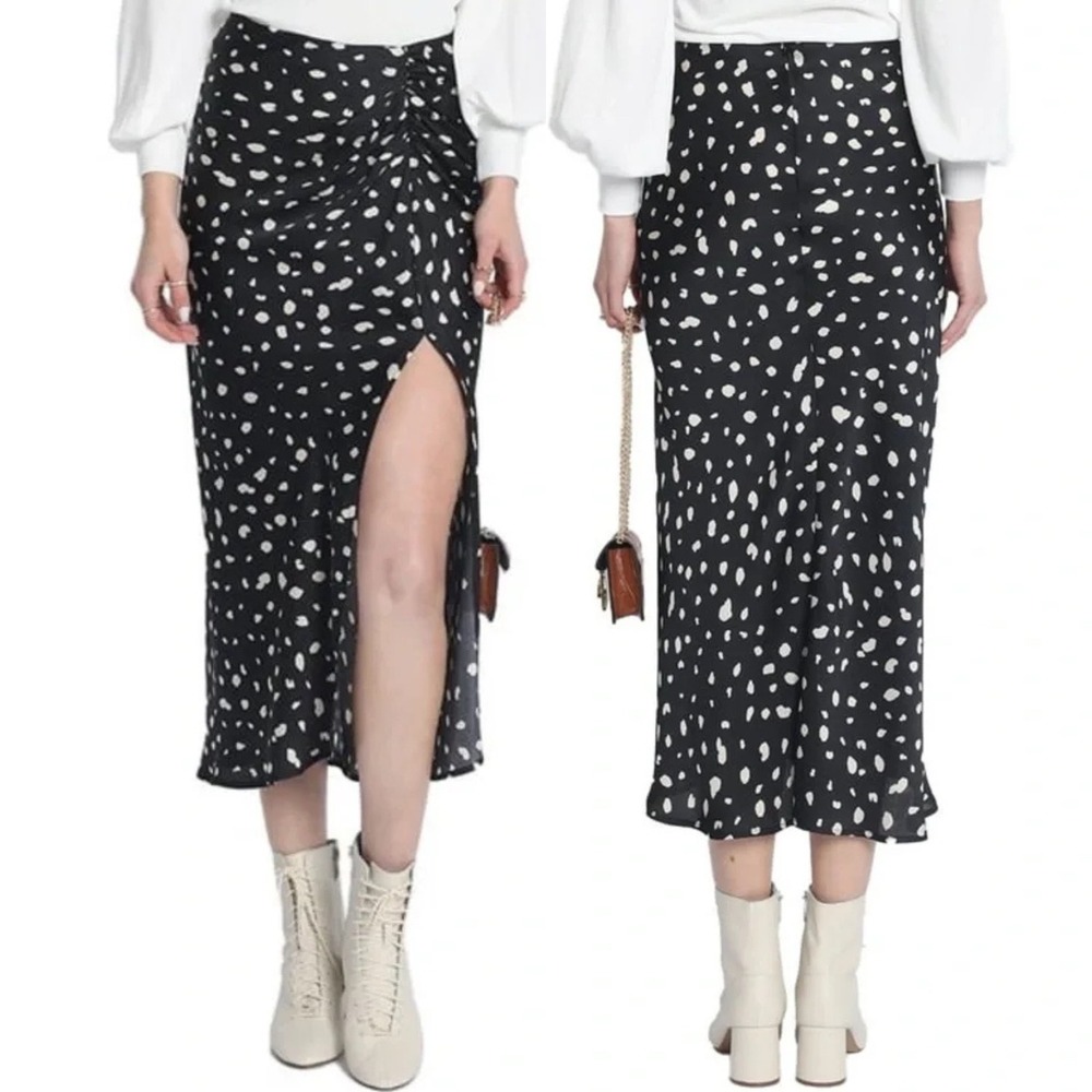 Sans Souci Dalmatian Print Ruched Slit Midi Skirt, Large Black White | Parisian